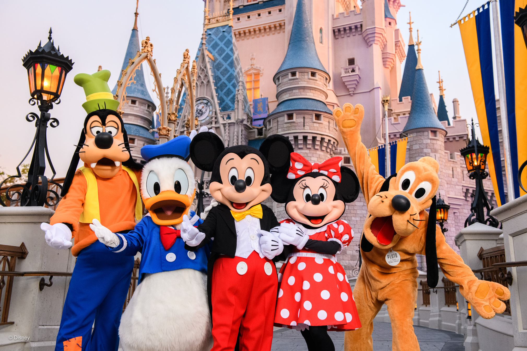 Goofy, donald, mickey, minnie, pluto in front of magic kingdom disney world castle