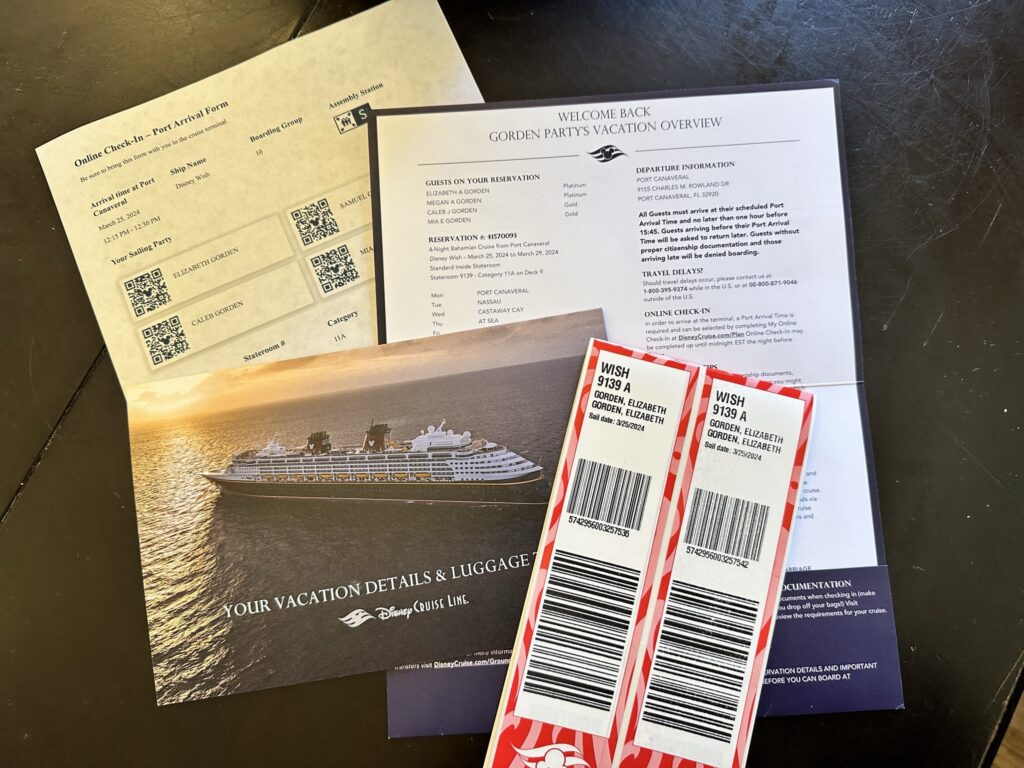 Disney cruise line port arrival form, envelop with luggage tags for vacation