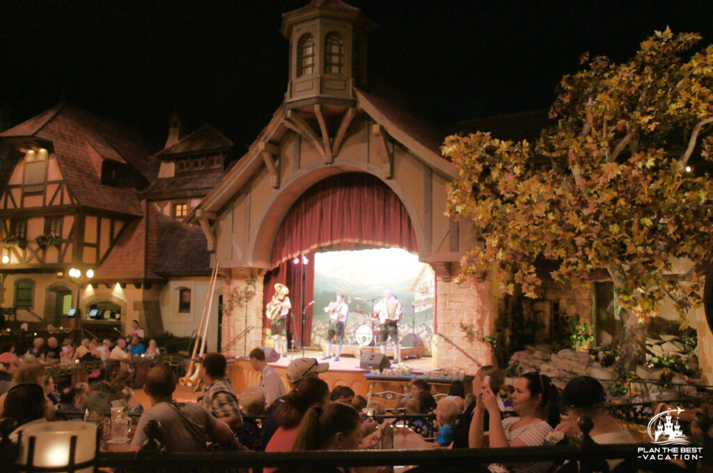biergarten table service buffet and a show in germany at epcot