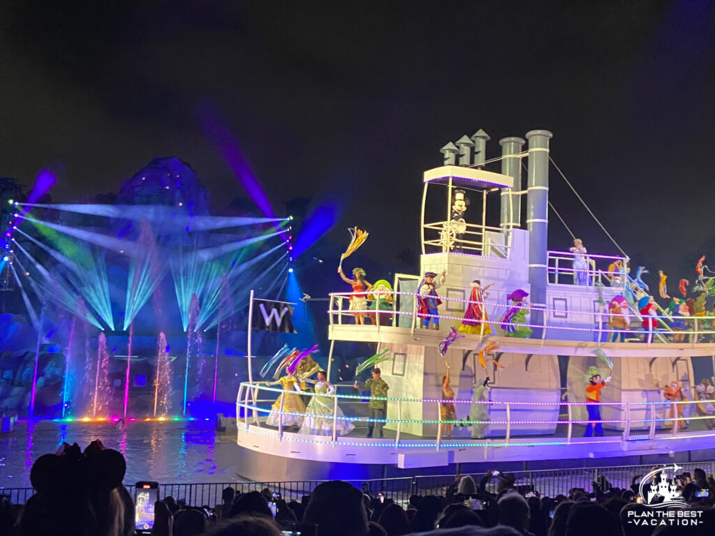 fantasmic show featuring colorful water movies and boat with characters at hollywood studios at disney world florida