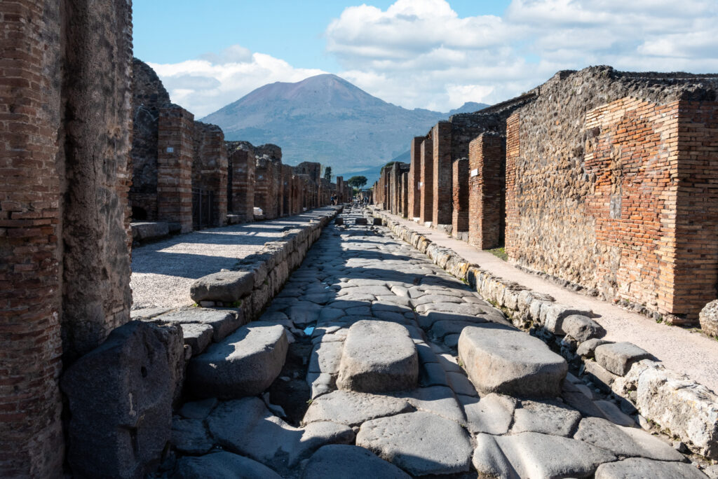 A crosswalk of a typical Roman road in the ancient city of Pompeii, Southern Italy 