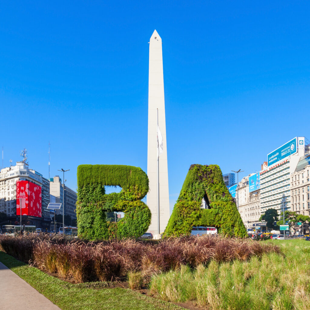 Buenos Aires sign and Obelisco in Buenos Aires in Argentina. The Obelisk of Buenos Aires is a national historic monument and icon of Buenos Aires.