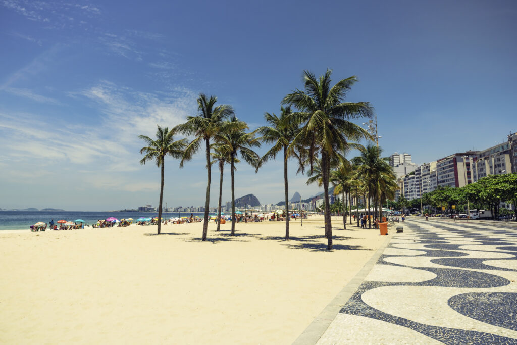 Copacabana Beach next to landmark mosaic in Rio de Janeiro, Brazil