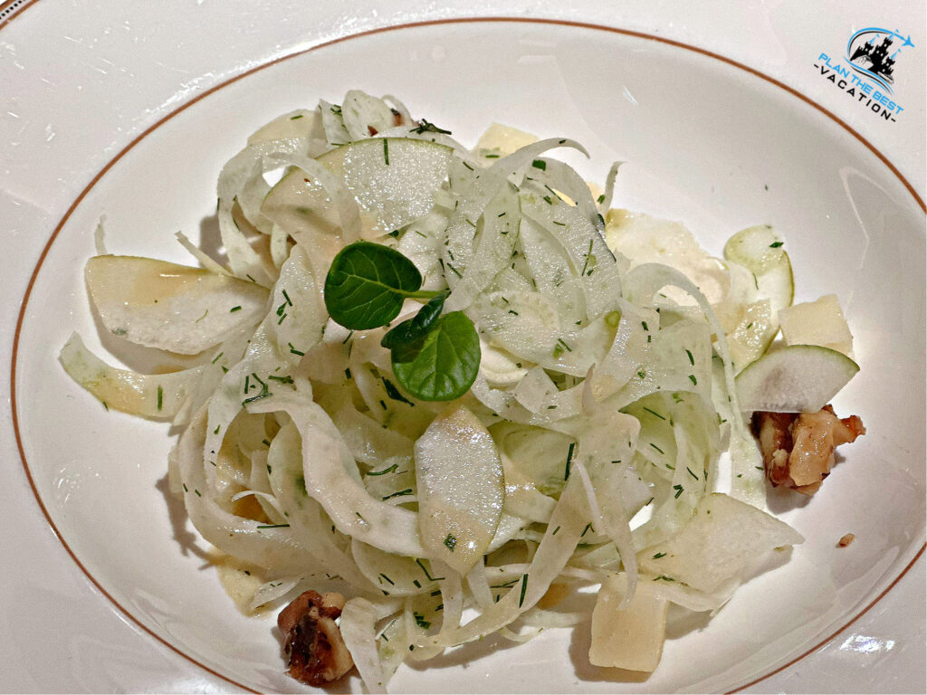 Fennel Bartlet Pear and Tatsoi Salad with manchego cheese walnuts and cherry dressing