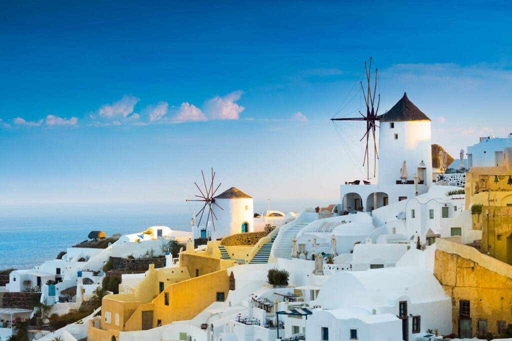 MYkonos Greece with iconic windmills