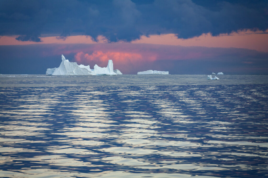 Icebergs in the Drake Passage, the open ocean between South America and Antarctica.