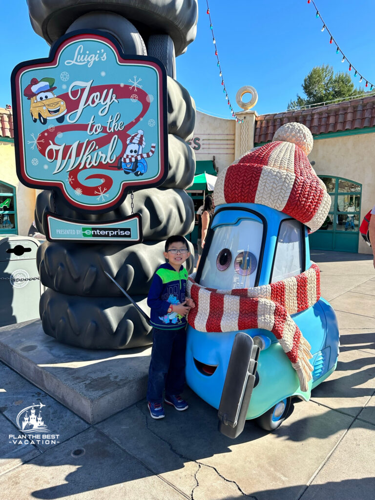 Luigi's Joy to the Whirl Christmas overlay of ride in Carsland Disney California Adventure Park