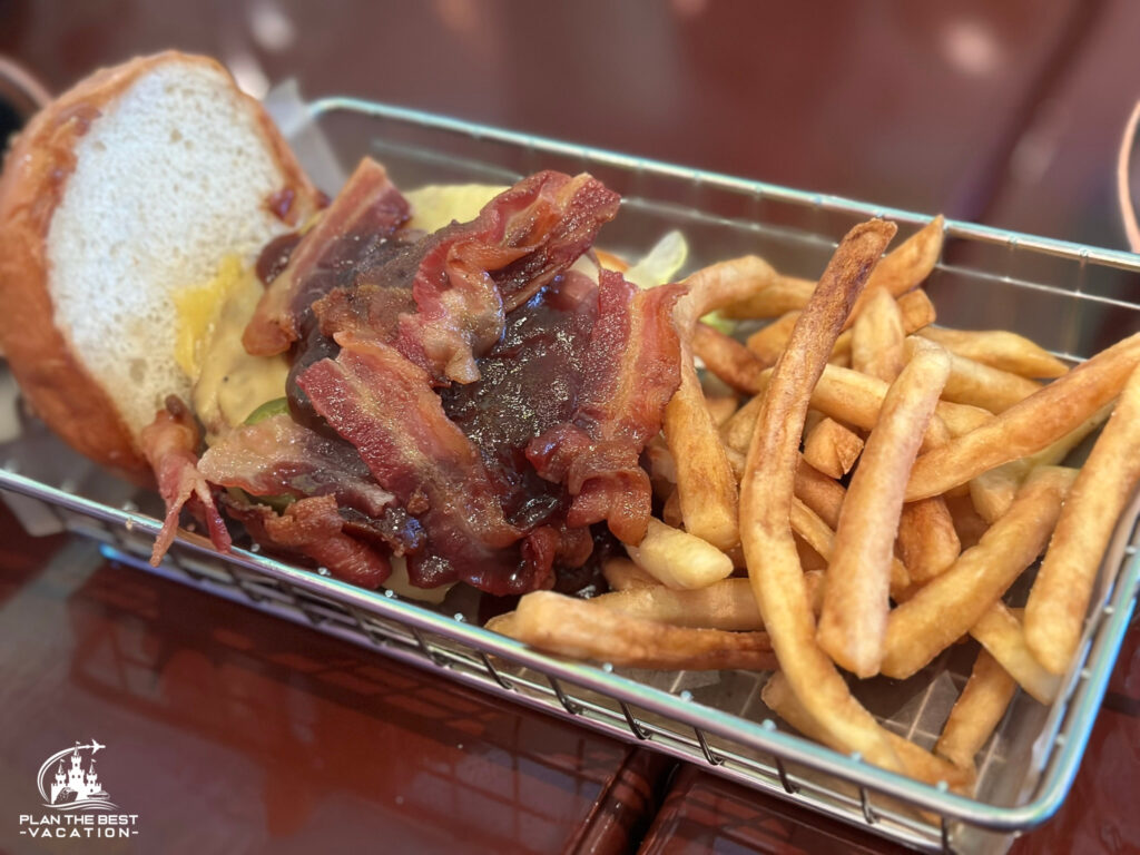 O'Sheehan's Bar & Grill bbq burger with bacon and fries in a basket