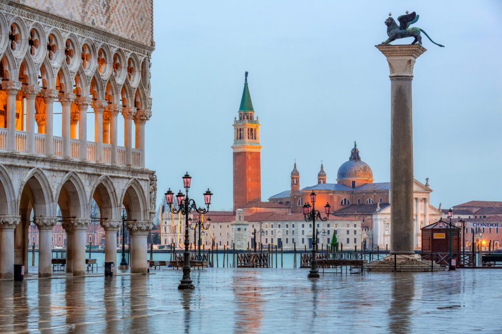 Piazza San Marco at dusk, view on san giorgio maggiore, Venice Italy