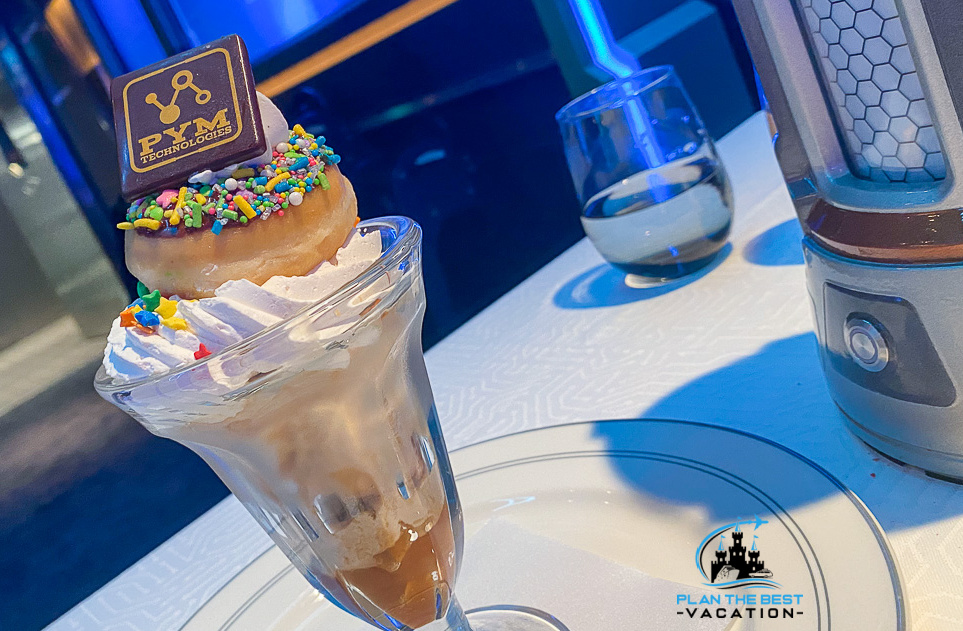 Pym Doughnut sundae - dulce de leche ice cream, pecan brownie, caramel fudge sauce, chocolate glazed mini-donut, whipped cream