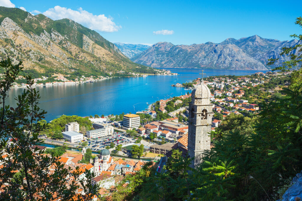 Top view of the Bay of Kotor and the old town. Europe. Montenegro