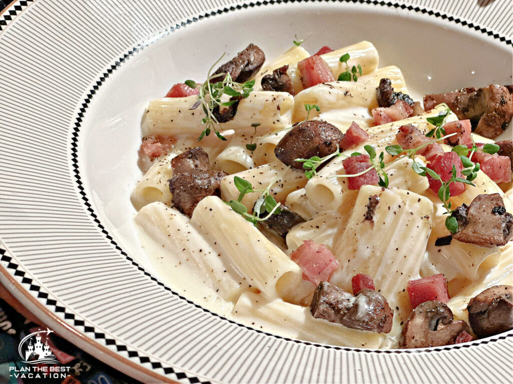Tortiglioni Pasta with prosecco cream pancetta shallots cremini mushrooms and lemon thyme