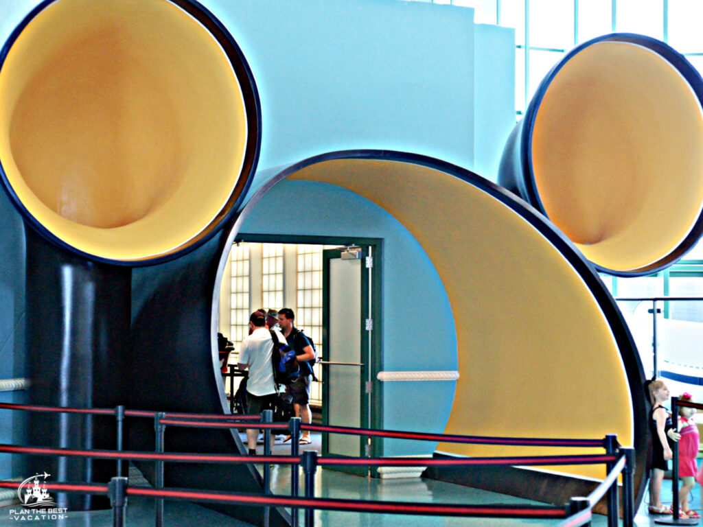Disney cruise line terminal at Port Canaveral Orland FLorida as you enter the ship through a Mickey shaped doorway
