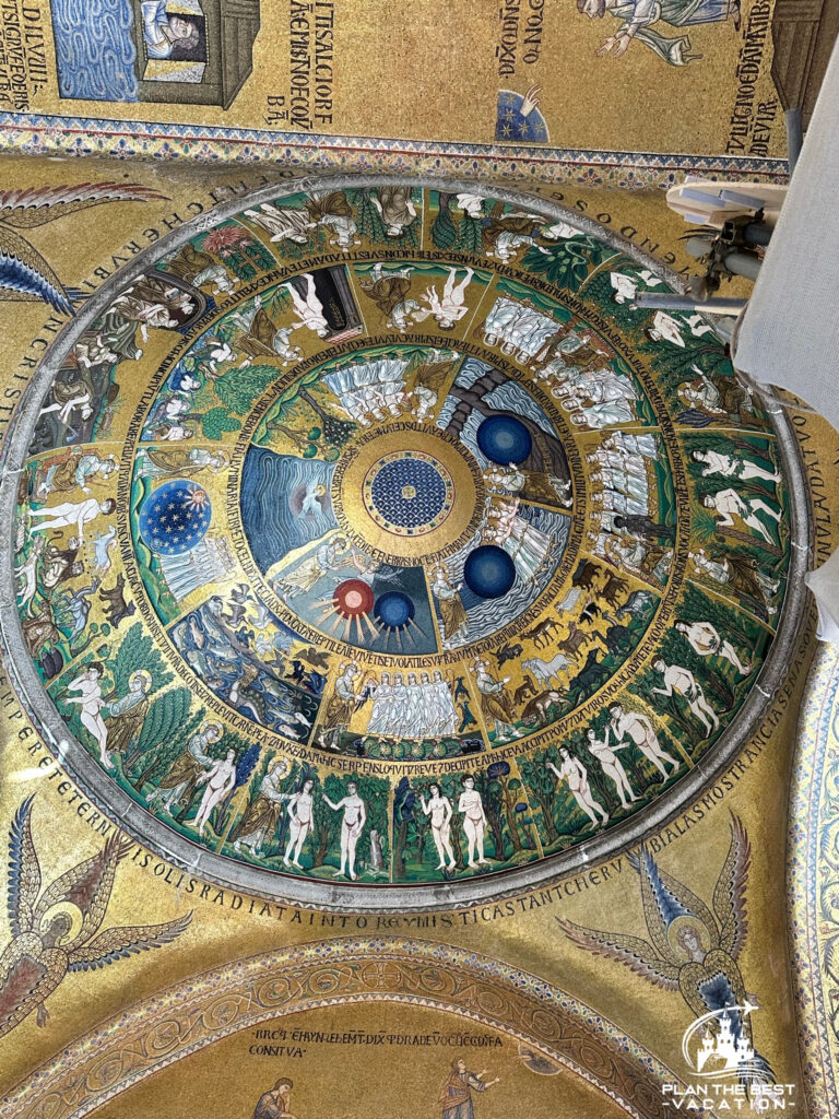 gold ceiling of the st marks cathedral with illustrations of creation from the Bible with images in byzantine non realistic style