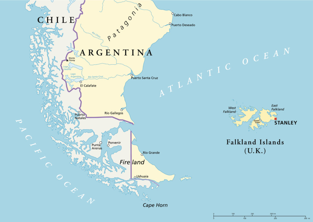 map of chilean fjordsin south america by chile and argentina near punto arepas and usuaia