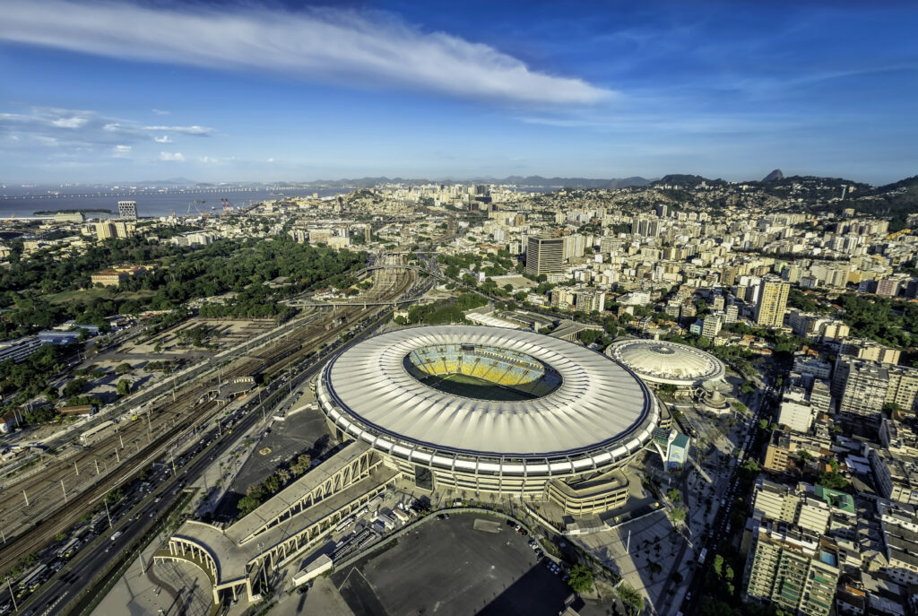 Aerial view of Marcana Soccer field Maracana Stadium in Rio de Janeiro, Brazil. Stadium which was the venue for the opening and closing ceremonies of the 2016 Summer Olympics in Rio De Janeiro.