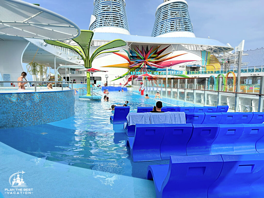 lots of seating on royal caribbean cruiseships by the pool, in the water, on deck, cafe, and more