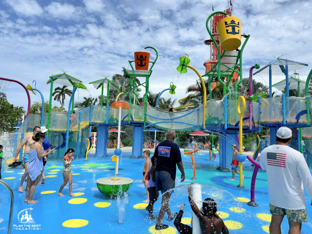 Splashaway Bay aqua park at royal caribbean coco cay private island in bahamas splash area with tipping bucket fun