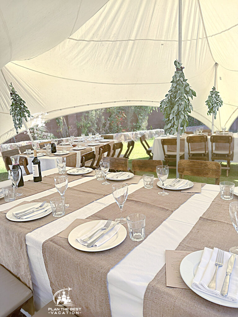 beautiful lunch under white tent on adventures by Disney vacation in peru