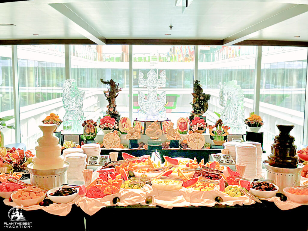 chocolate fountain and food carvings on royal caribbean cruise ship for families