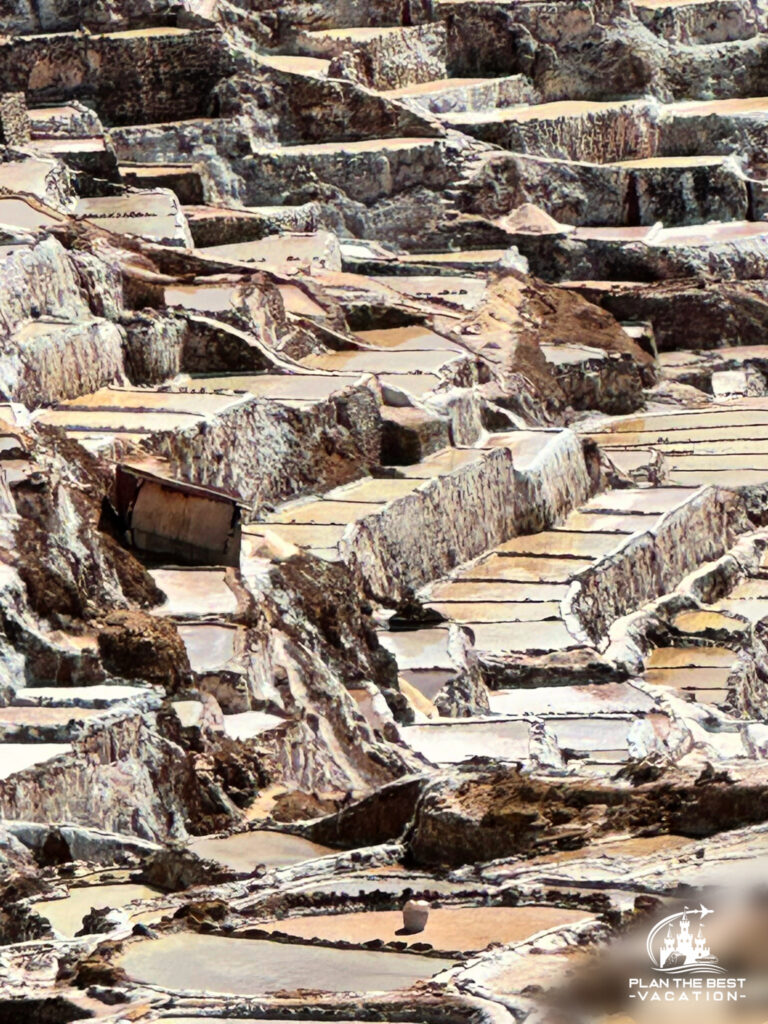 close up of Salinas de Maras, man-made salt mines near Cusco, Peru