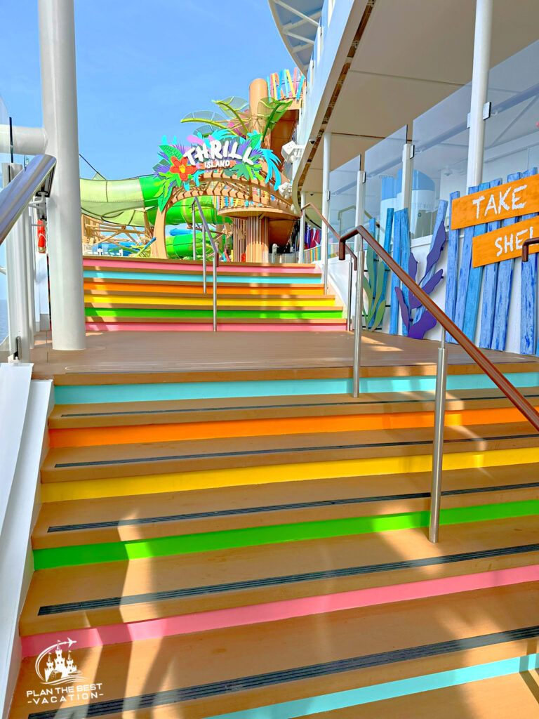 from pain pool head up colorful steps to deck 16 and thrill island waterpark