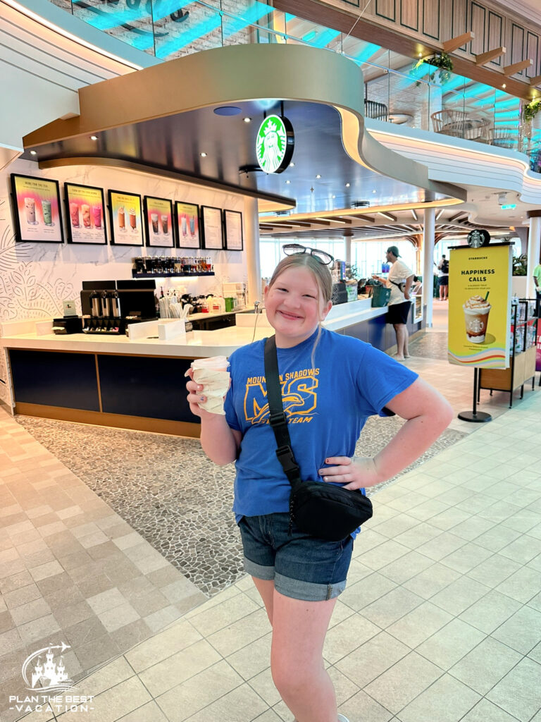 grab your morning cup of coffee at the starbucks onboard Royal Caribbean Icon of the Seas promenade