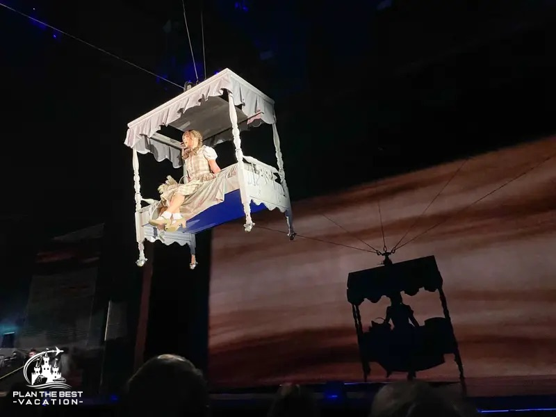 icon of the seas wizard of oz dorothy in bed flying over the audience special effects