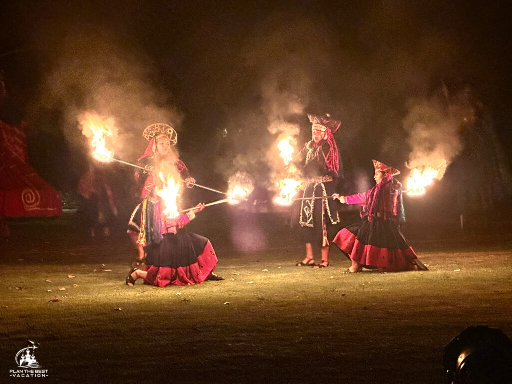 incan culture show with dancing costumes and fire