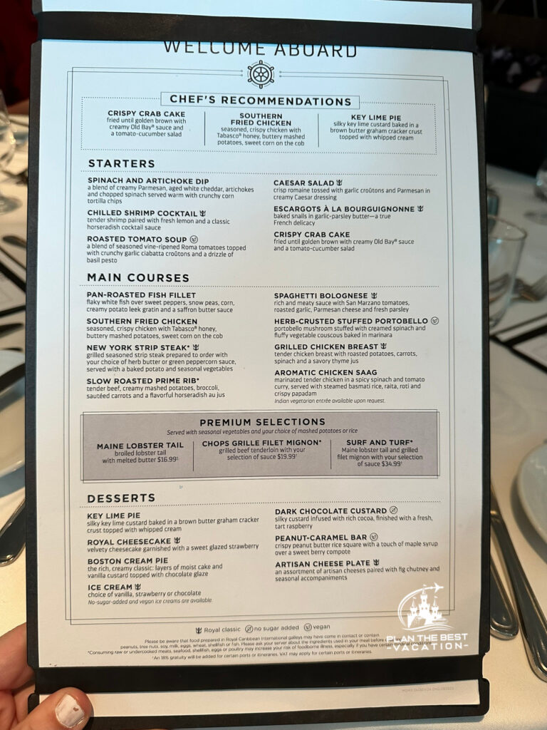 royal caribbean icon of the seas main dining room menu