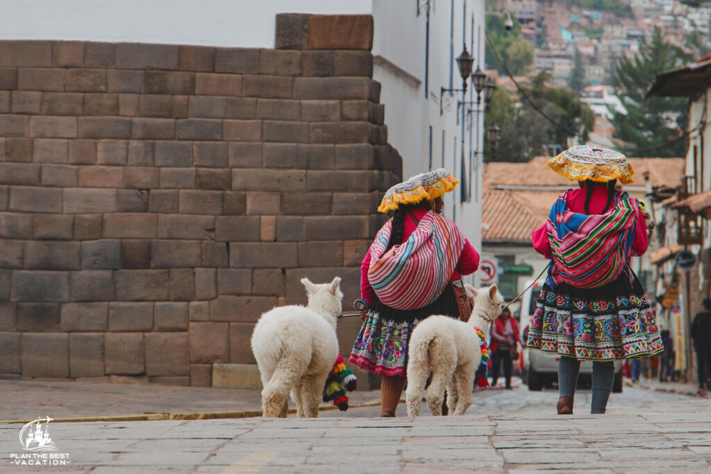 women in traditional clothes with llamas in cusco peru