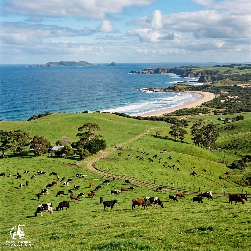Phillips Island Melbourne Australia pasture with cows and beach coastline