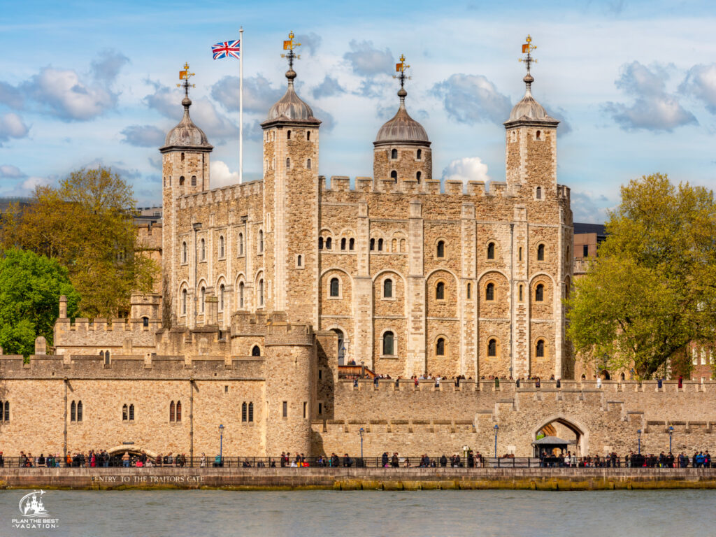 White tower in Tower of London along Thames river, UK