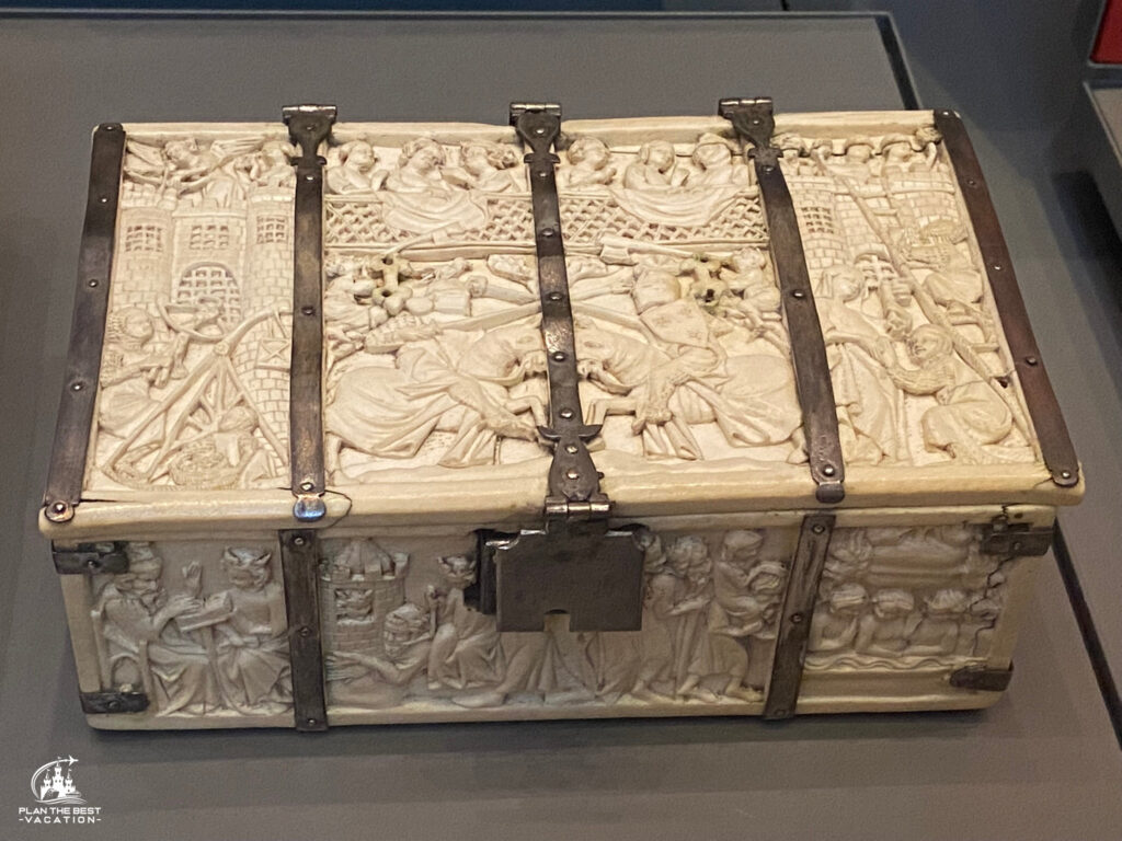 British Museum box carved of ivory in France in 1325-1350 with Medieval scenes relating to courtly life and romance