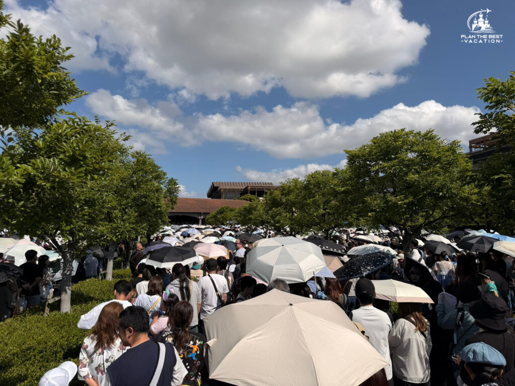 Tokyo Disney is crowded, like insanely crowded. We went in the lowest crowd season (mid-end of May), the the lowest crowd days (Tuesday and Wednesday) and the crowds were still intense. I mean, all of Japan feels crowded.

There will be lines to get in. You either get their a couple hours early to wait in line, or you can get there closer to opening and wait to get in.  It can take you an hour or more to just get into the park! And you cannot purchase any lightening lanes (US words) until you tap into the park.