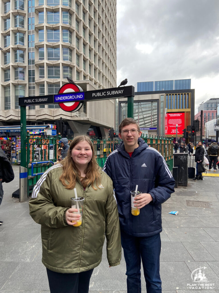 grabbing boba tea before taking the subway to our next stop touring london