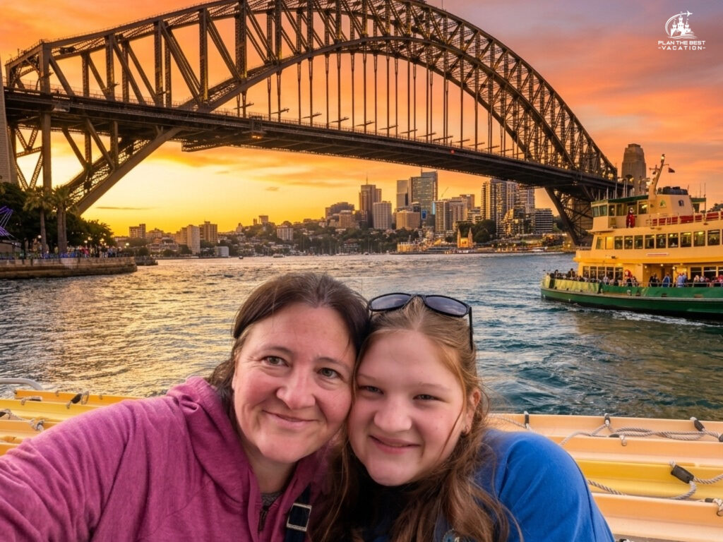 harbor bridge from ferry at sunset selfie sydney australia harbor bridge from ferry at sunset selfie sydney australia