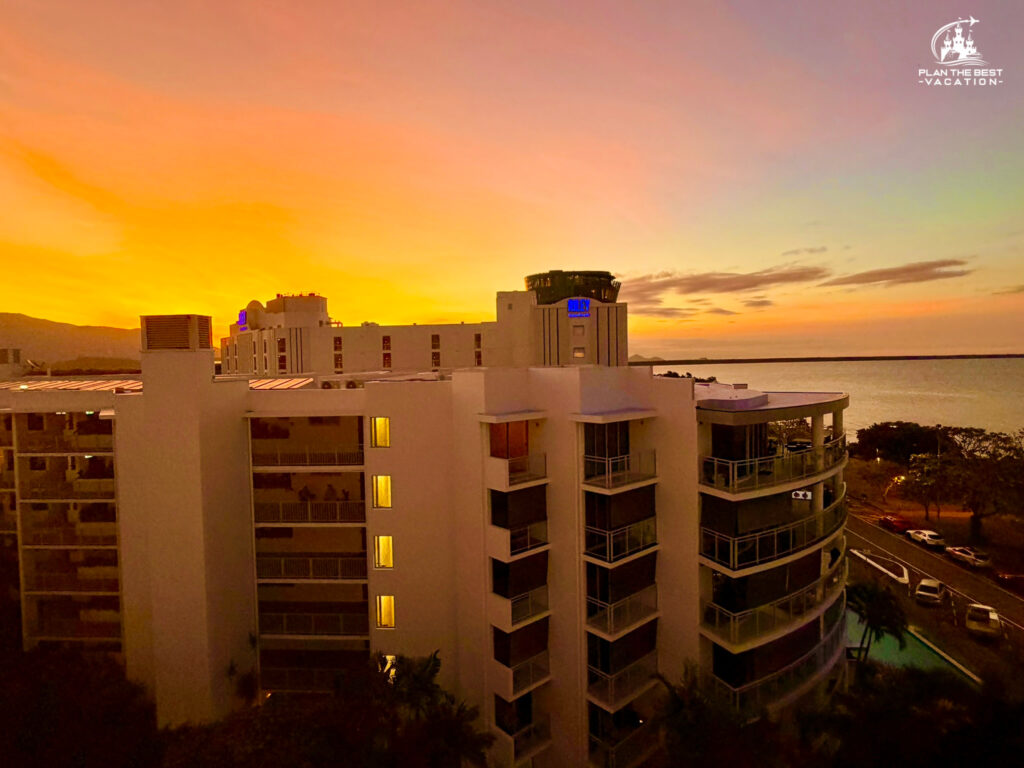 sunset in cairns australia from hotel on baordwalk