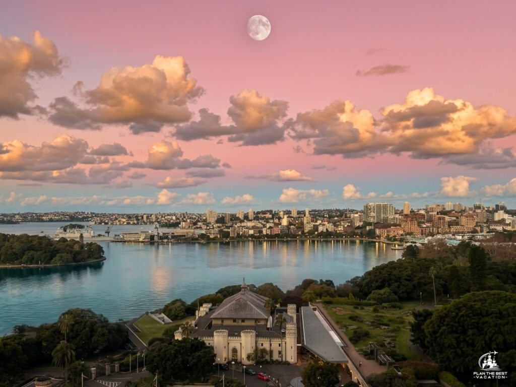 sunset view from hotel of edge of sydney harbor