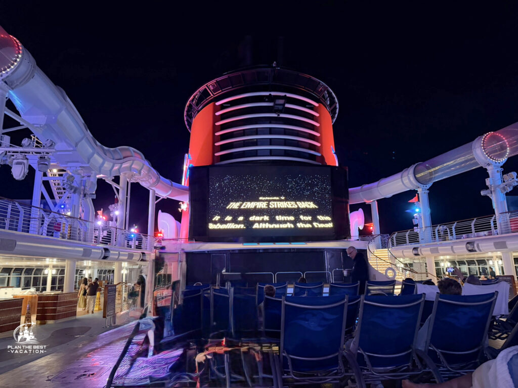 Funnel Vision on the Disney Dream is a jumbo LED screen mounted on the forward funnel overlooking the main pool deck (Deck 11, Midship).