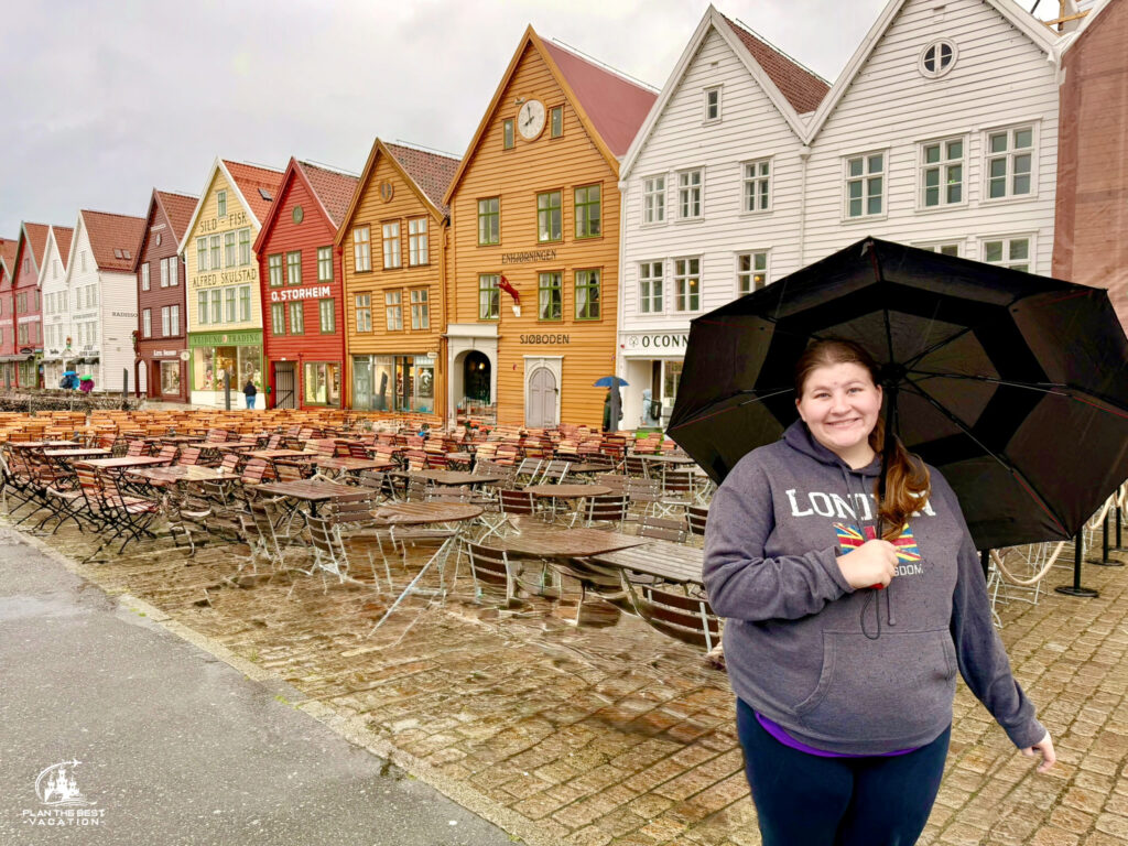 The most famous houses in Bergen, Norway, are the iconic colorful wooden commercial buildings at Bryggen on a rainy day The most famous houses in Bergen, Norway, are the iconic colorful wooden commercial buildings at Bryggen on a rainy day