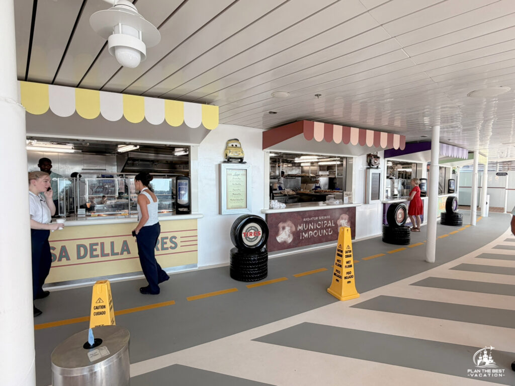 The Disney Cruise Line Disney Dream features casual, quick-service poolside food on Deck 11 at Flo's Cafe, offering complimentary burgers, hot dogs, chicken tenders, fresh pizza, and build-your-own Mexican taco bowls, alongside free unlimited soft-serve ice cream at Eye Scream Treats