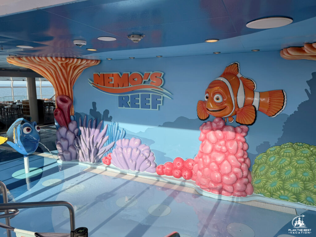 Nemo's Reef on the Disney Cruise Line Disney Dream is a 1,500-square-foot, interactive wet play area on Deck 11, Midship. Designed for children ages 4 and under, it features character fountains, a mini slide shaped like Mr. Ray, and is the only onboard water zone where swim diapers are allowed