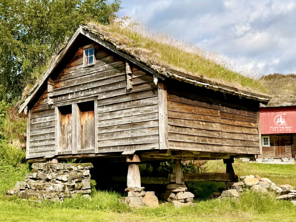 norway old food storage wood house with thatch roof