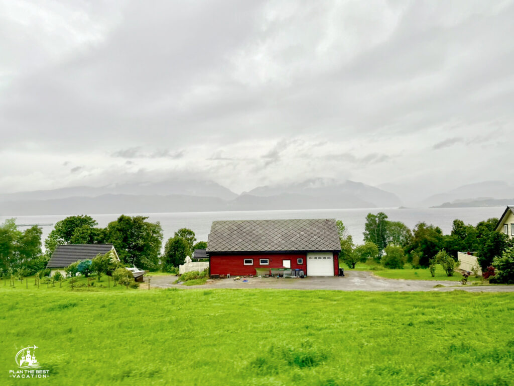 rainy overcast countrside along Hardangerfjod near Bergen Norway