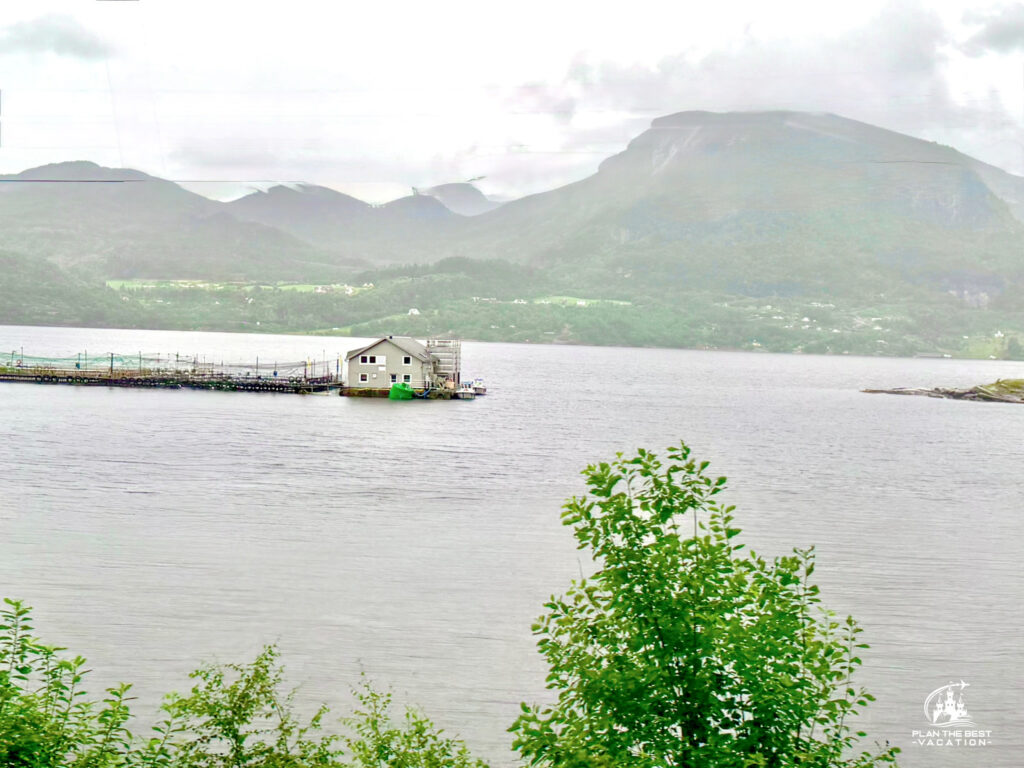 salmon fish farm along drive from Bergen to Jardangerfjord Norway